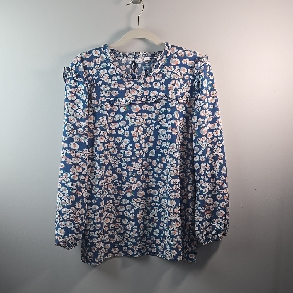 Blue Long Sleeve Floral Blouse